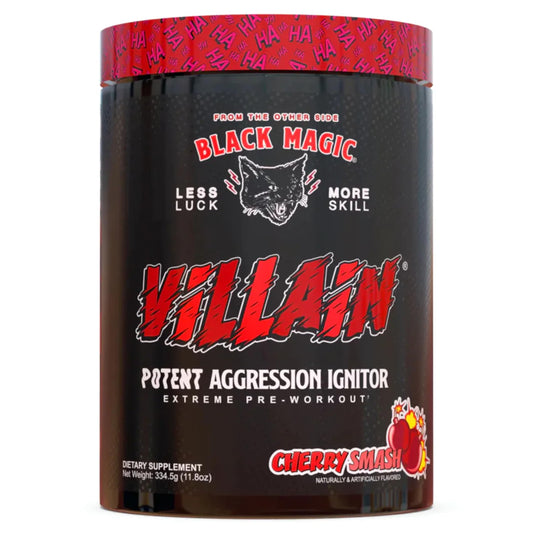 Black Magic Villain preworkout tub label highlighting premium formula for high-energy sessions