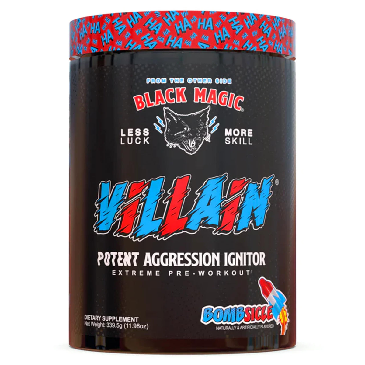 Black Magic Villain pre-workout tub front for Bombsicle flavor and energy