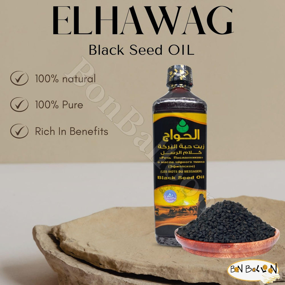 Serving spoon over Black Seed Oil bottle suggests easy dosing
