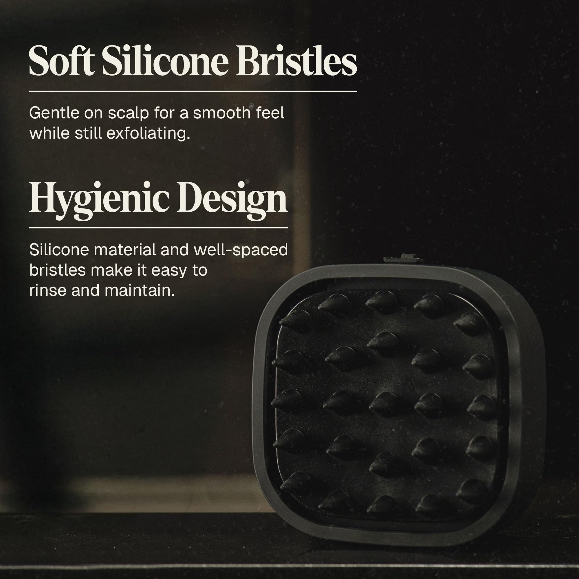 Close-up of soft silicone bristles highlighting gentle exfoliation for the scalp