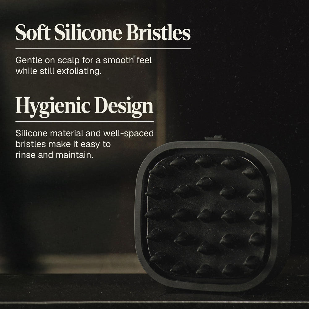 Close-up of soft silicone bristles highlighting gentle exfoliation for the scalp
