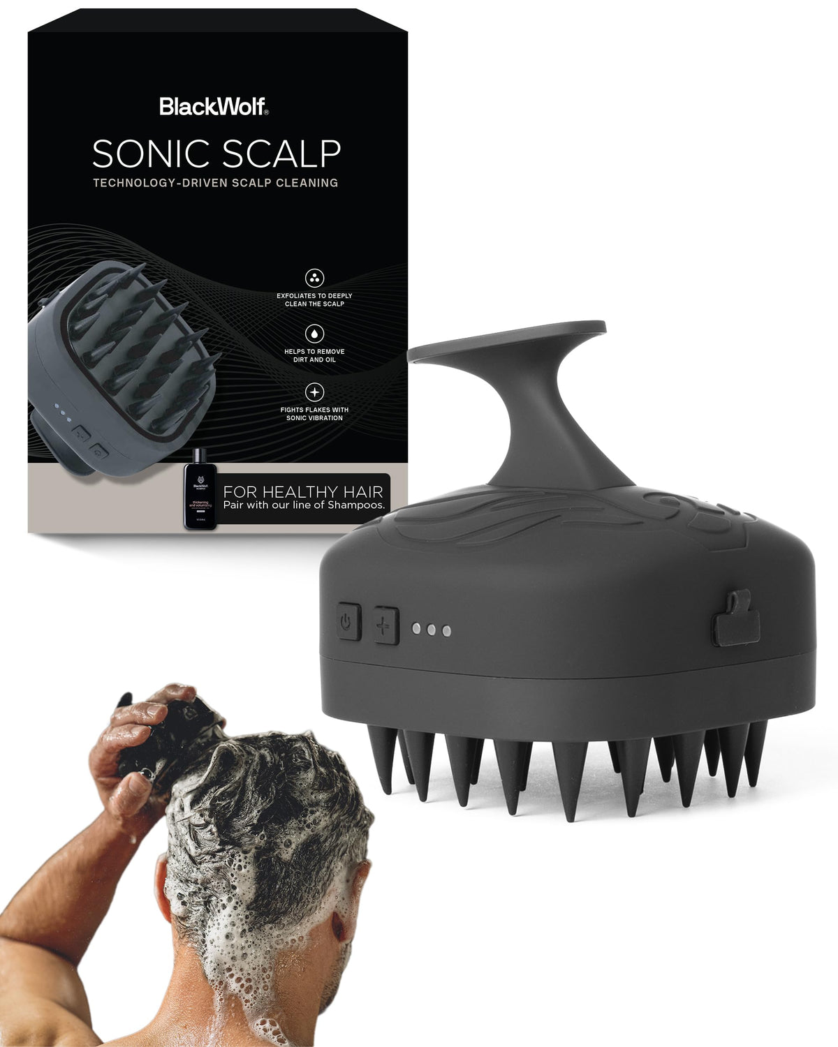 Black Wolf Sonic Scalp Scrubber front view with soft silicone bristles for deep cleansing