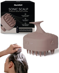 Black Wolf sonic scalp scrubber in taupe used in shower for deep cleansing.