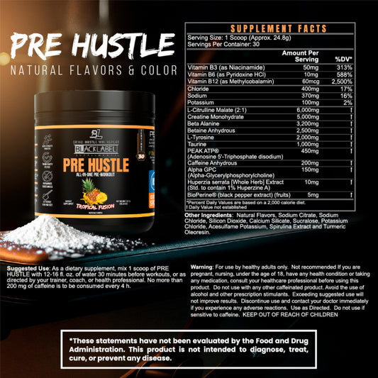 BLACKLABEL PRE Hustle V3 200mg caffeine for focused, sustained workout motivation.