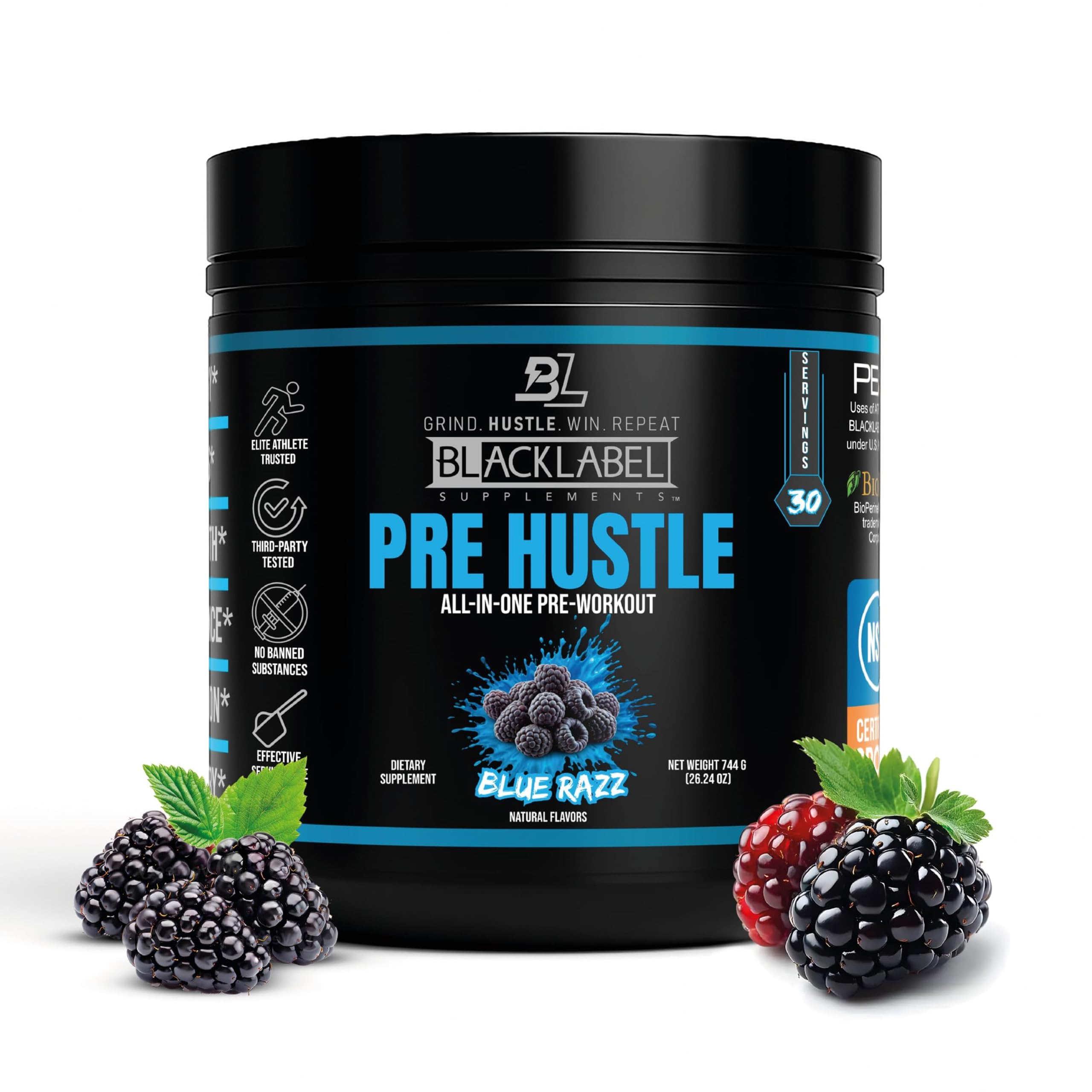 BLACKLABEL PRE Hustle V3 coconut lime bottle highlights a refreshing energy boost for workouts.