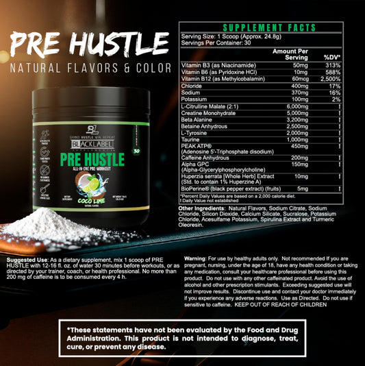 BLACKLABEL PRE Hustle V3 coconut lime pour showcasing quick-dissolve energy in water.