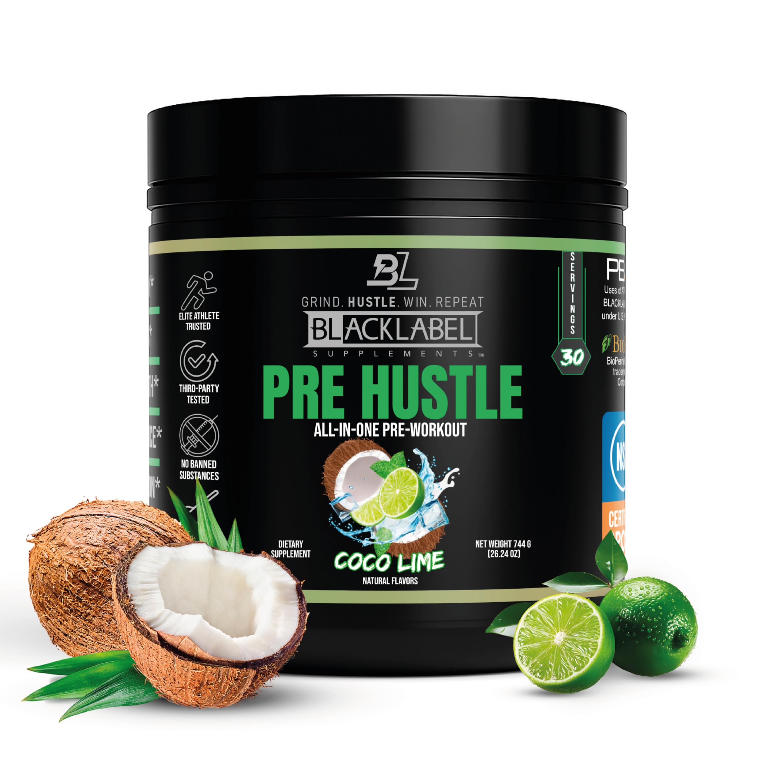 BLACKLABEL PRE Hustle V3 coconut lime tub for a ready-to-mix energy boost before workouts.