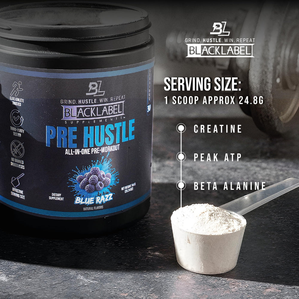 BLACKLABEL PRE Hustle V3 fresh powder dispensing for convenient pre‑workout ritual.