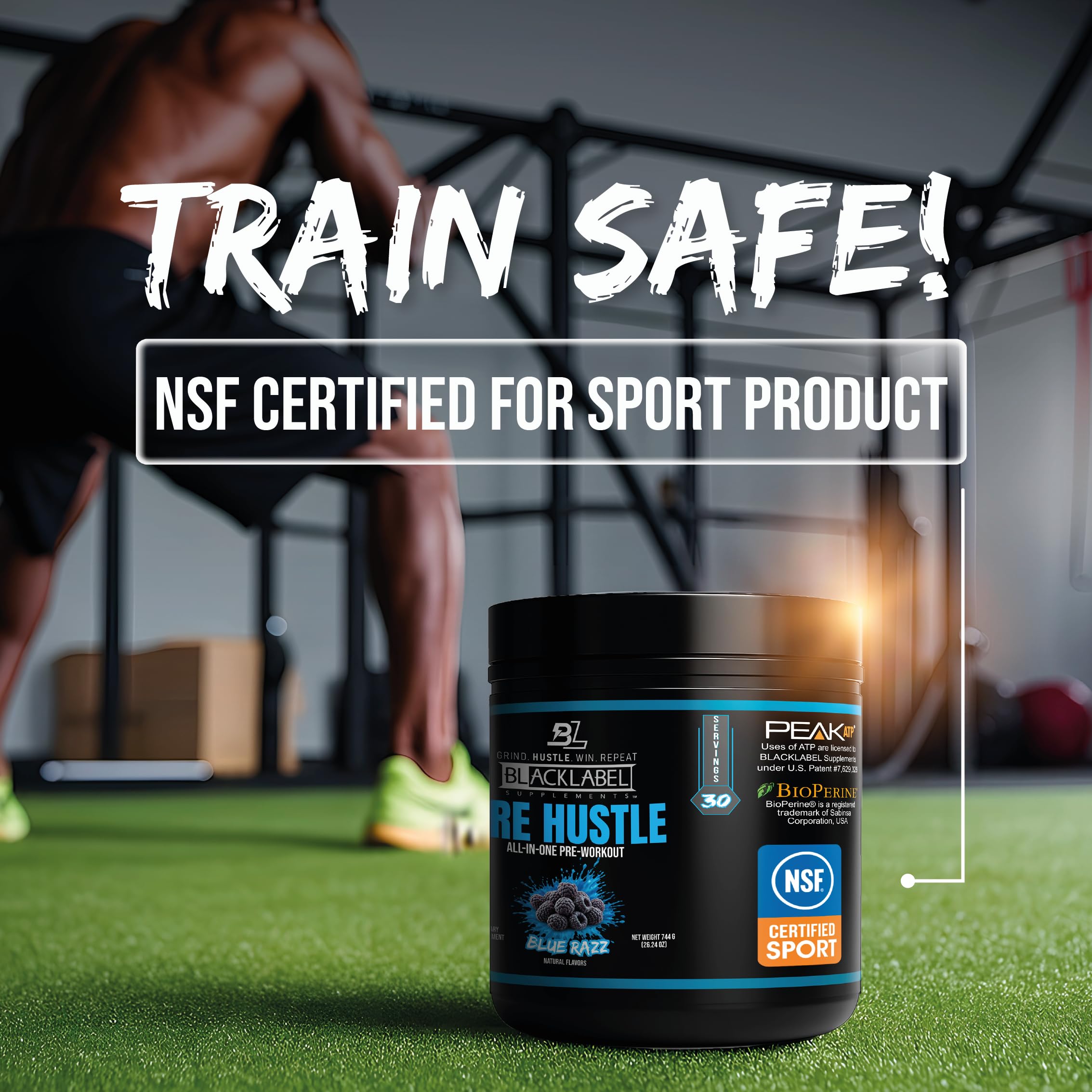 BLACKLABEL PRE Hustle V3 gym bottle display with bold branding for performance‑minded athletes.