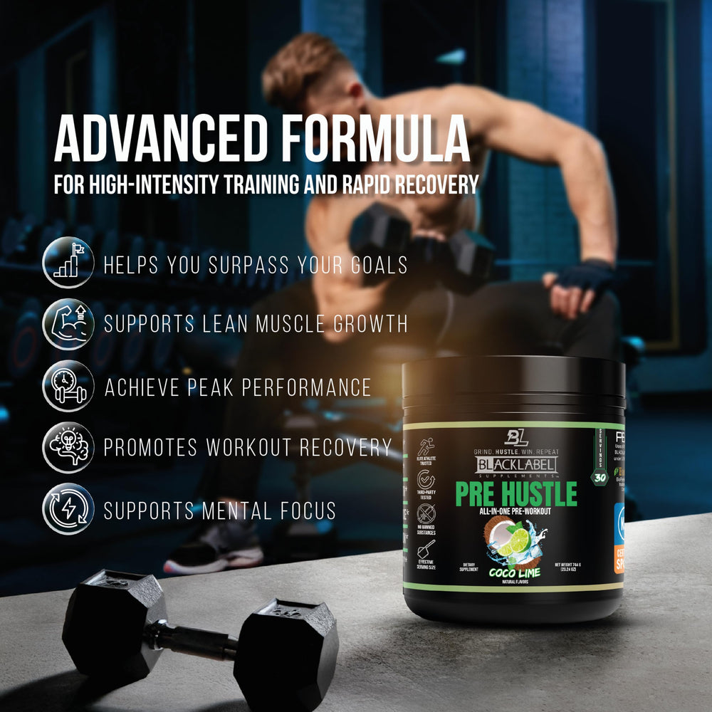 BLACKLABEL PRE Hustle V3 label close-up with ingredients and NSF for Sport.