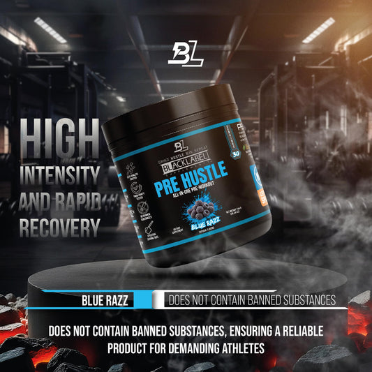 BLACKLABEL PRE Hustle V3 tropical fusion bottle suggests focused training energy.