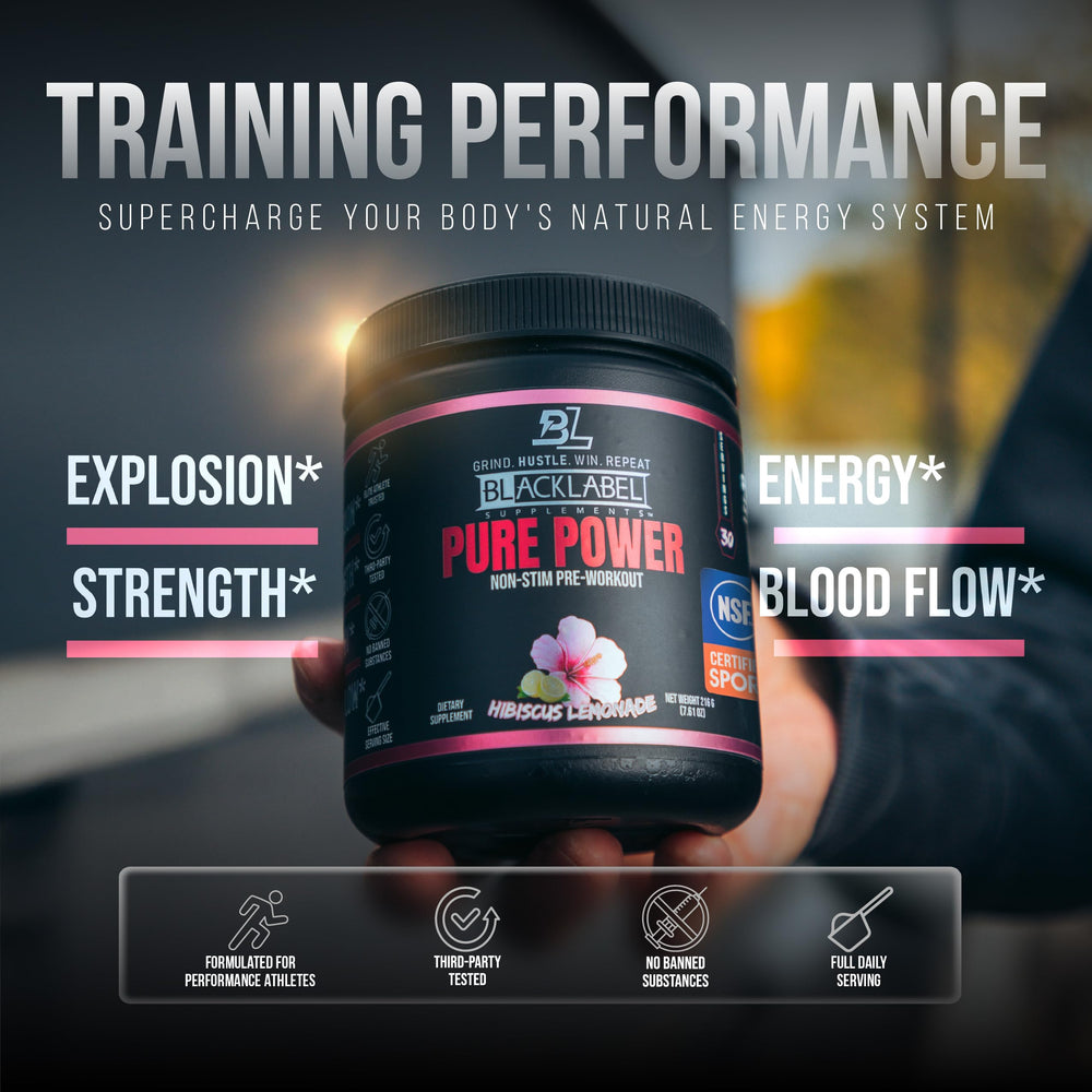 BLACKLABEL Pure Power creatine-monohydrate powder close-up emphasizes strength-ready support