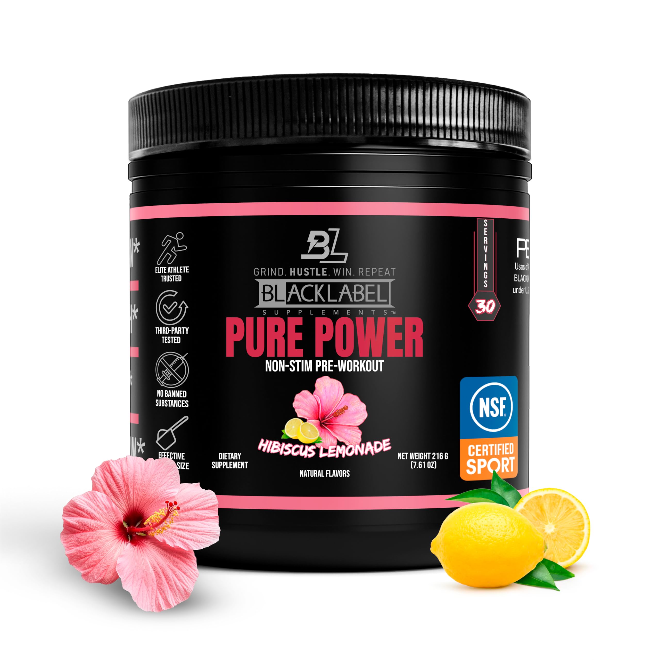 BLACKLABEL Pure Power hibiscus lemonade bottle shows caffeine-free pre-workout option for sensitive users