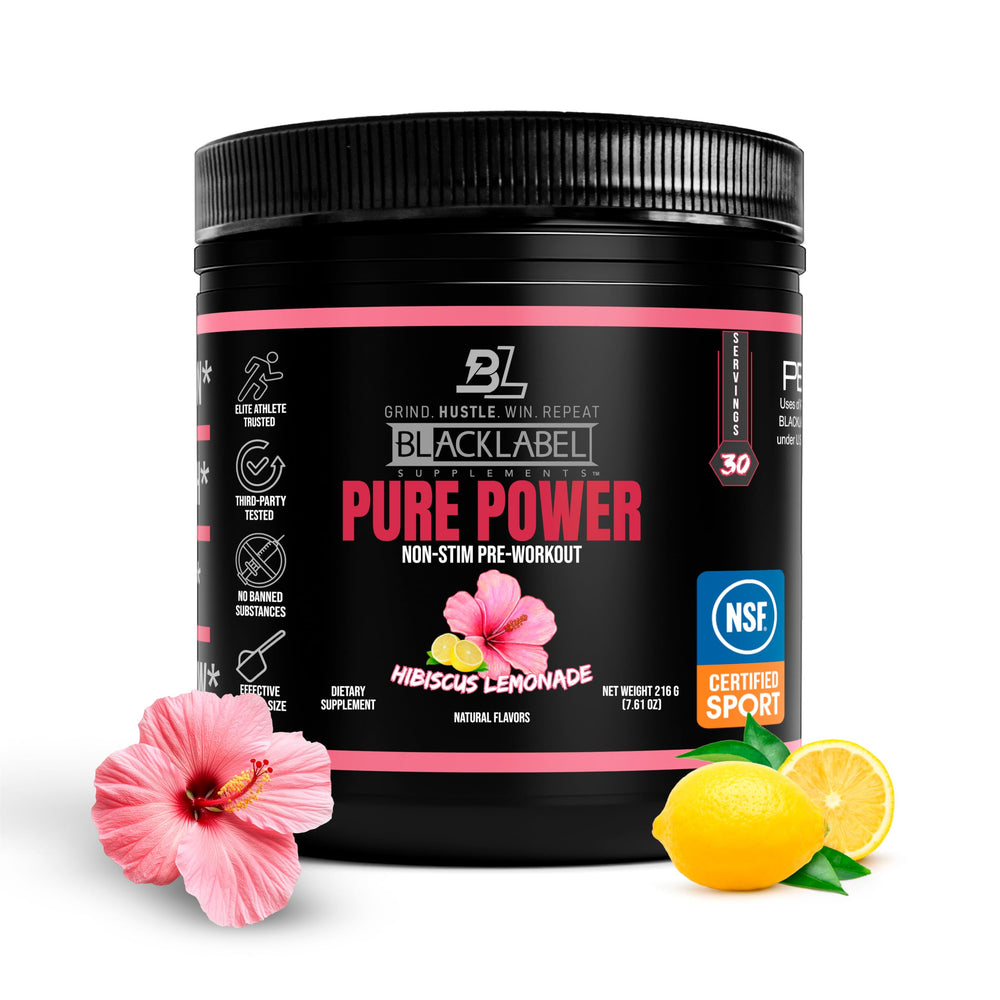BLACKLABEL Pure Power hibiscus lemonade bottle shows caffeine-free pre-workout option for sensitive users