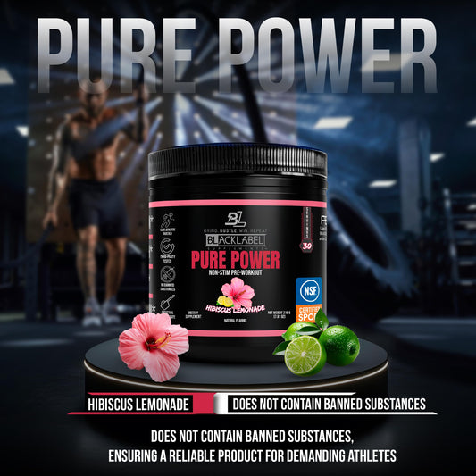 BLACKLABEL Pure Power hibiscus lemonade scoop demonstrates convenient powder for mixed-energy workouts