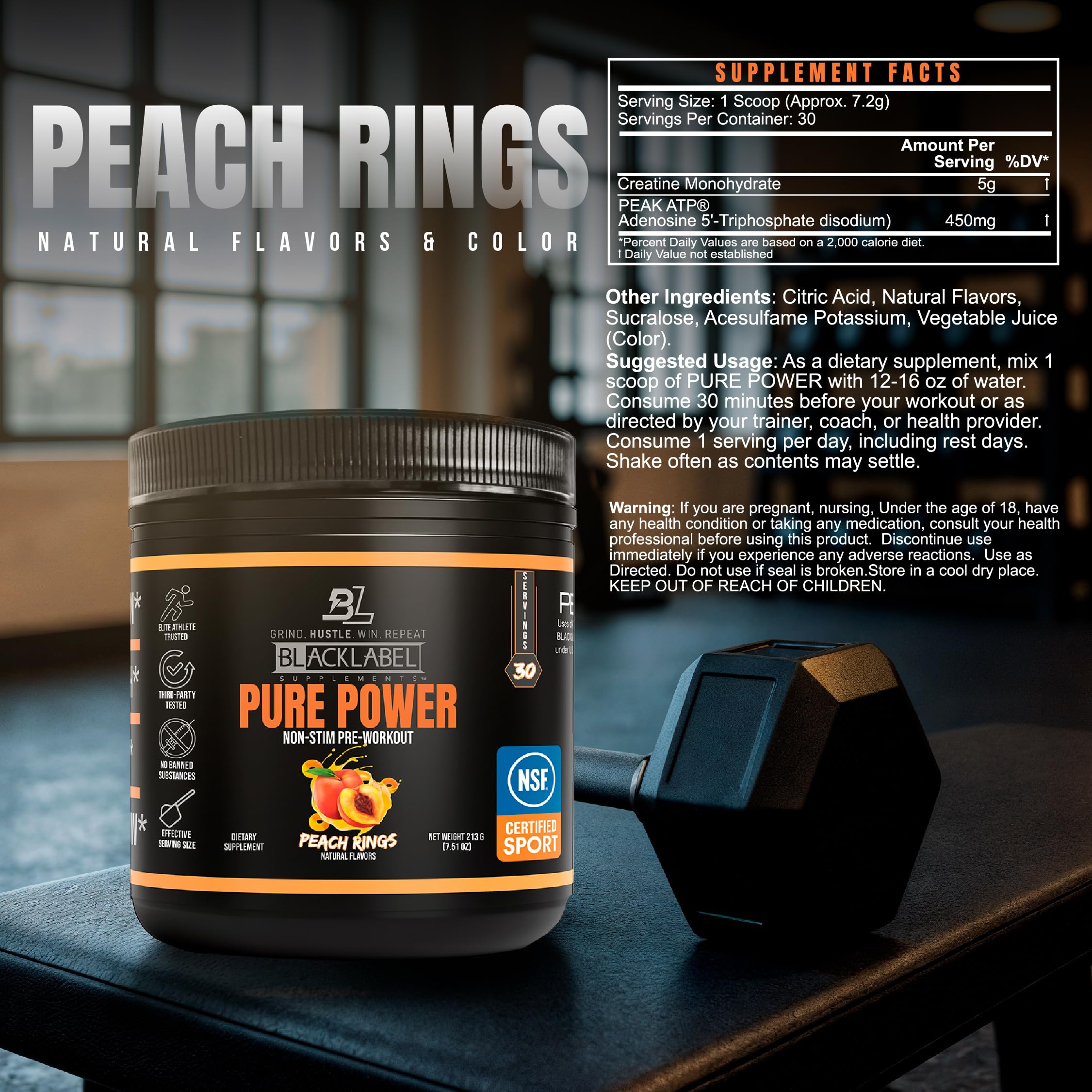 BlackLabel Pure Power pre-workout ingredients closeup shows creatine monohydrate and Peak ATP.