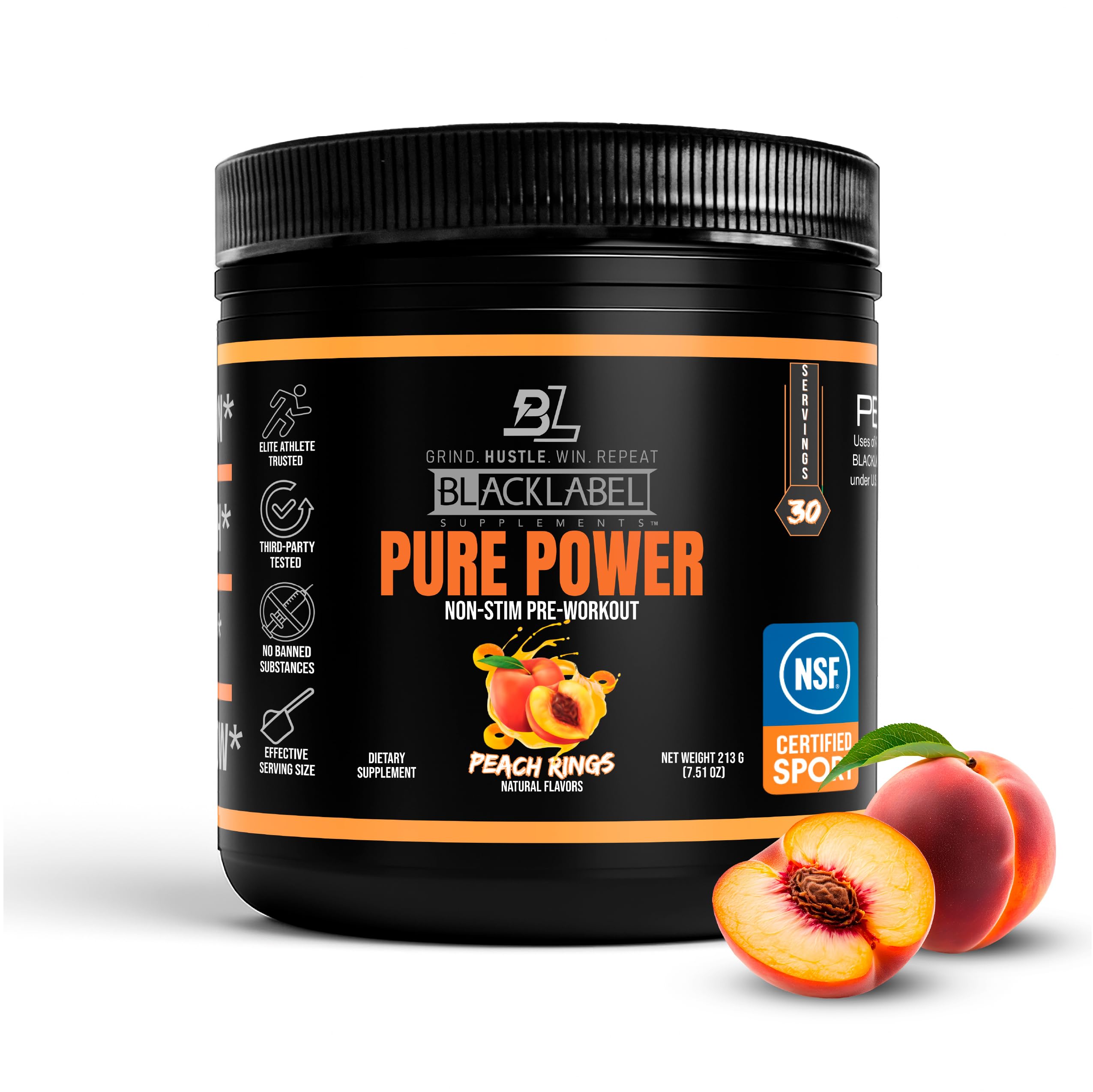 BlackLabel Pure Power pre-workout Peach Rings bottle shows energy and focus potential.