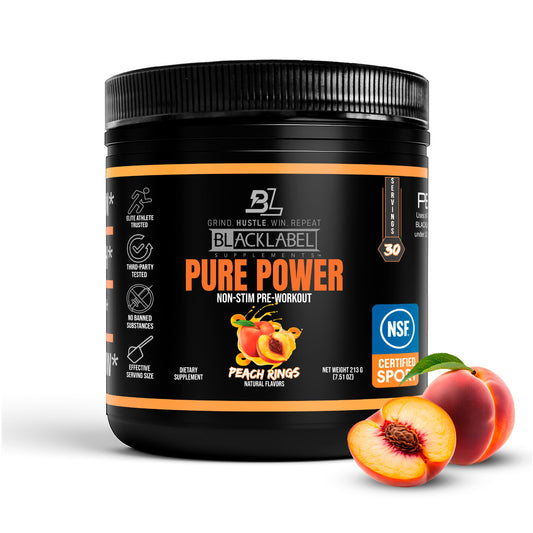 BlackLabel Pure Power pre-workout Peach Rings bottle shows energy and focus potential.