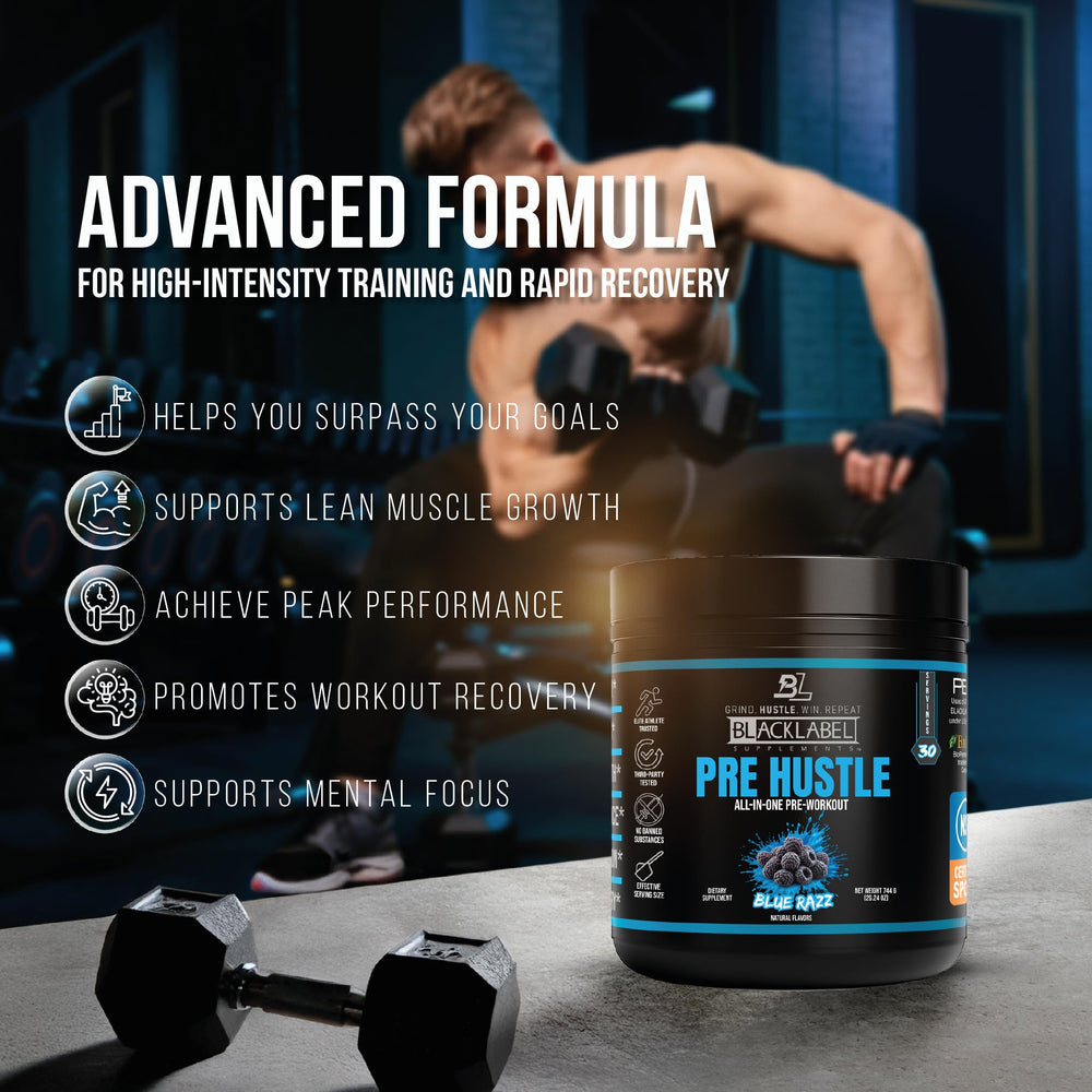 BLACKLABEL Supplements bottle on display signaling gym‑grade quality and reliability.