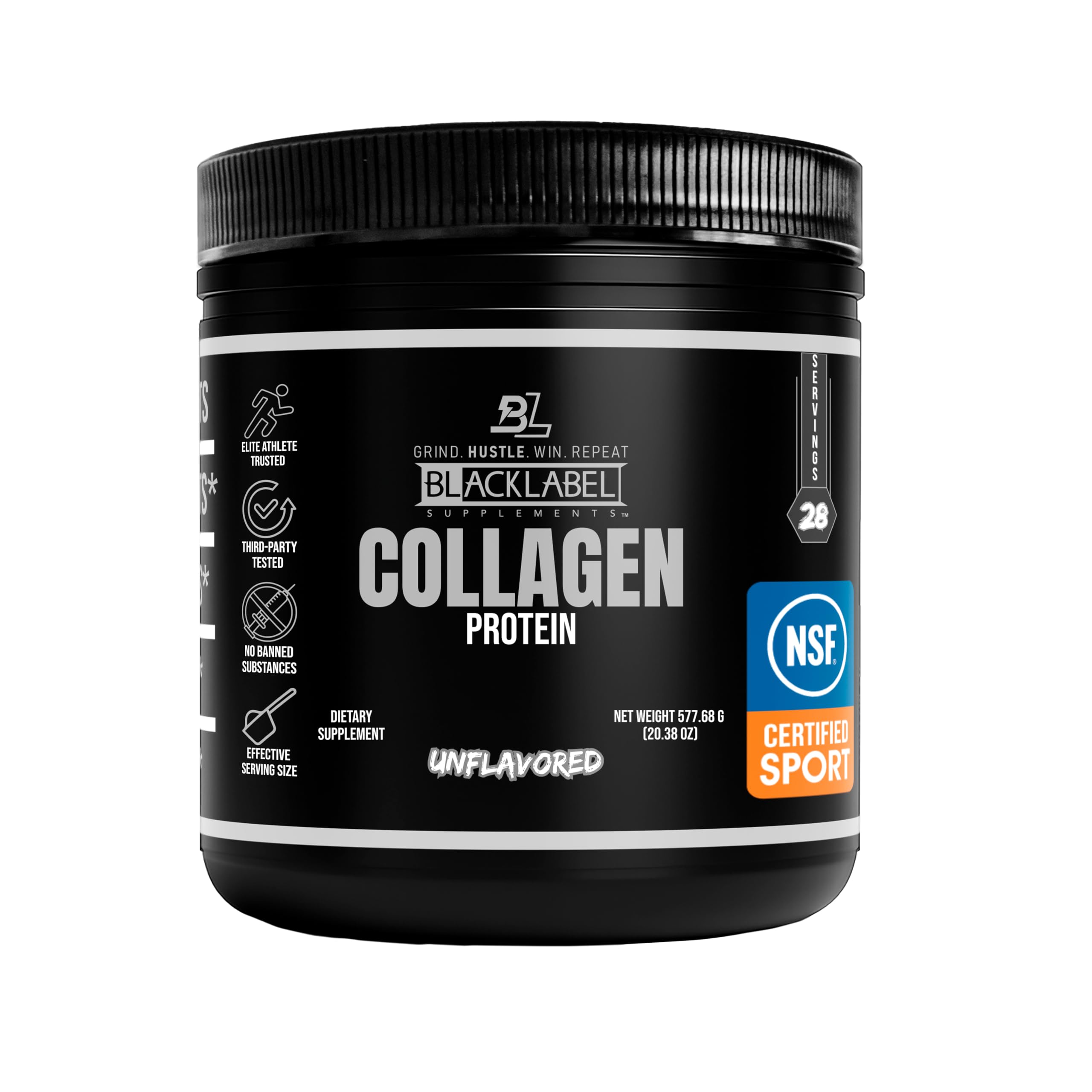 Blacklabel Unflavored Collagen Peptides bottle shown with neutral mixability for recovery support.