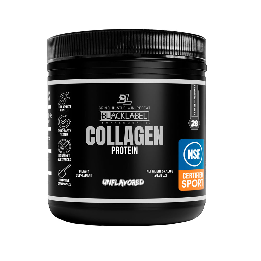 Blacklabel Unflavored Collagen Peptides bottle shown with neutral mixability for recovery support.