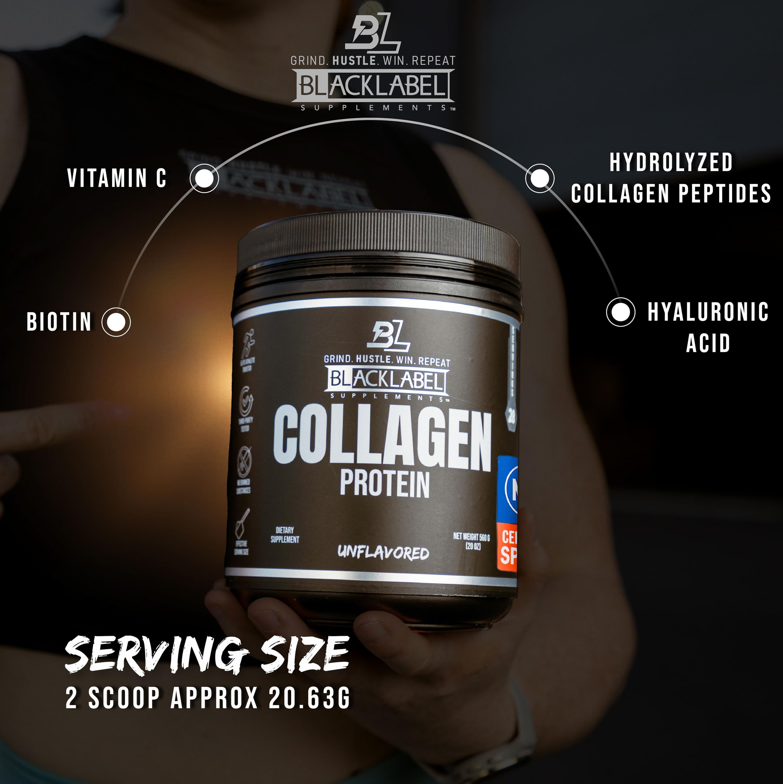 Blacklabel bottle closeup with label, emphasizing sport-tested quality.