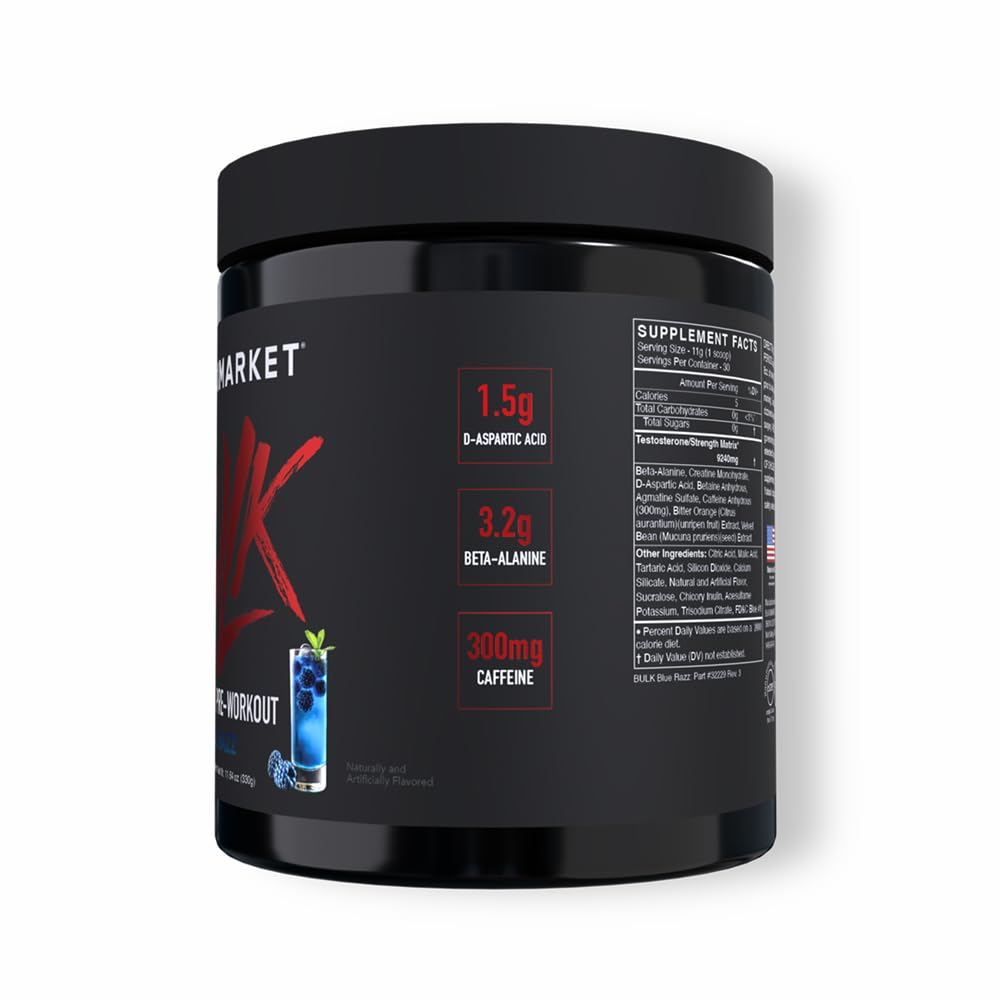 Glass-mixed BLACKMARKET Bulk Pre Workout reveals refreshing blue razz flavor for endurance