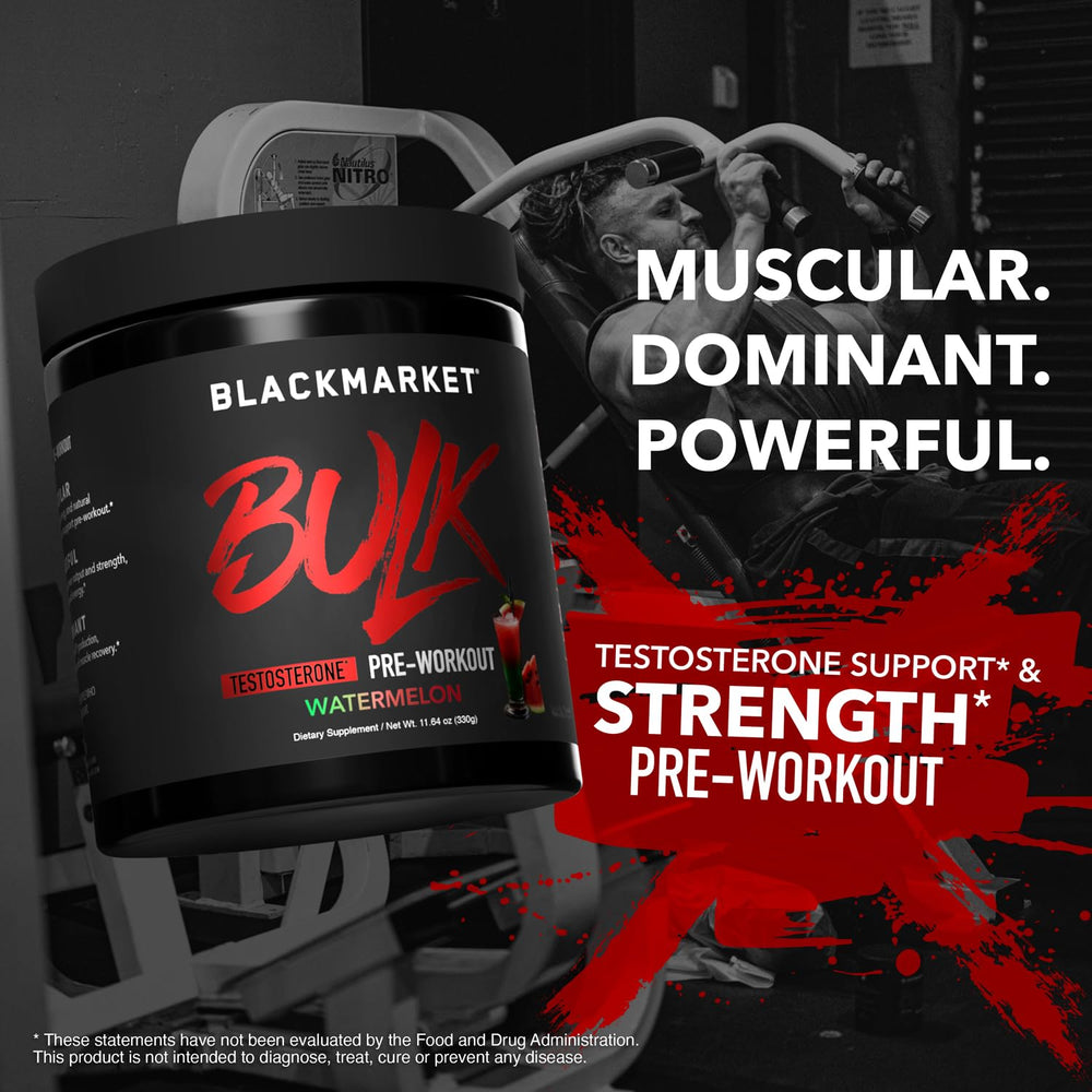 Label close-up on BLACKMARKET Bulk Pre Workout emphasizes USA-made quality