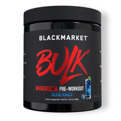 Powder-dispense of BLACKMARKET Bulk Pre Workout highlights quick mixing and steady energy