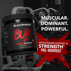 BlackMarket Bulk Pre-Workout bottle label highlights American-made quality and safety.