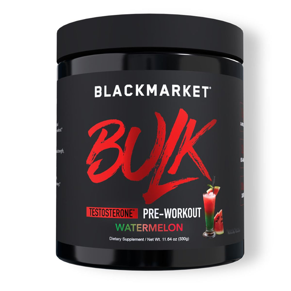 BlackMarket Bulk Pre-Workout watermelon powder delivers steady energy for training.