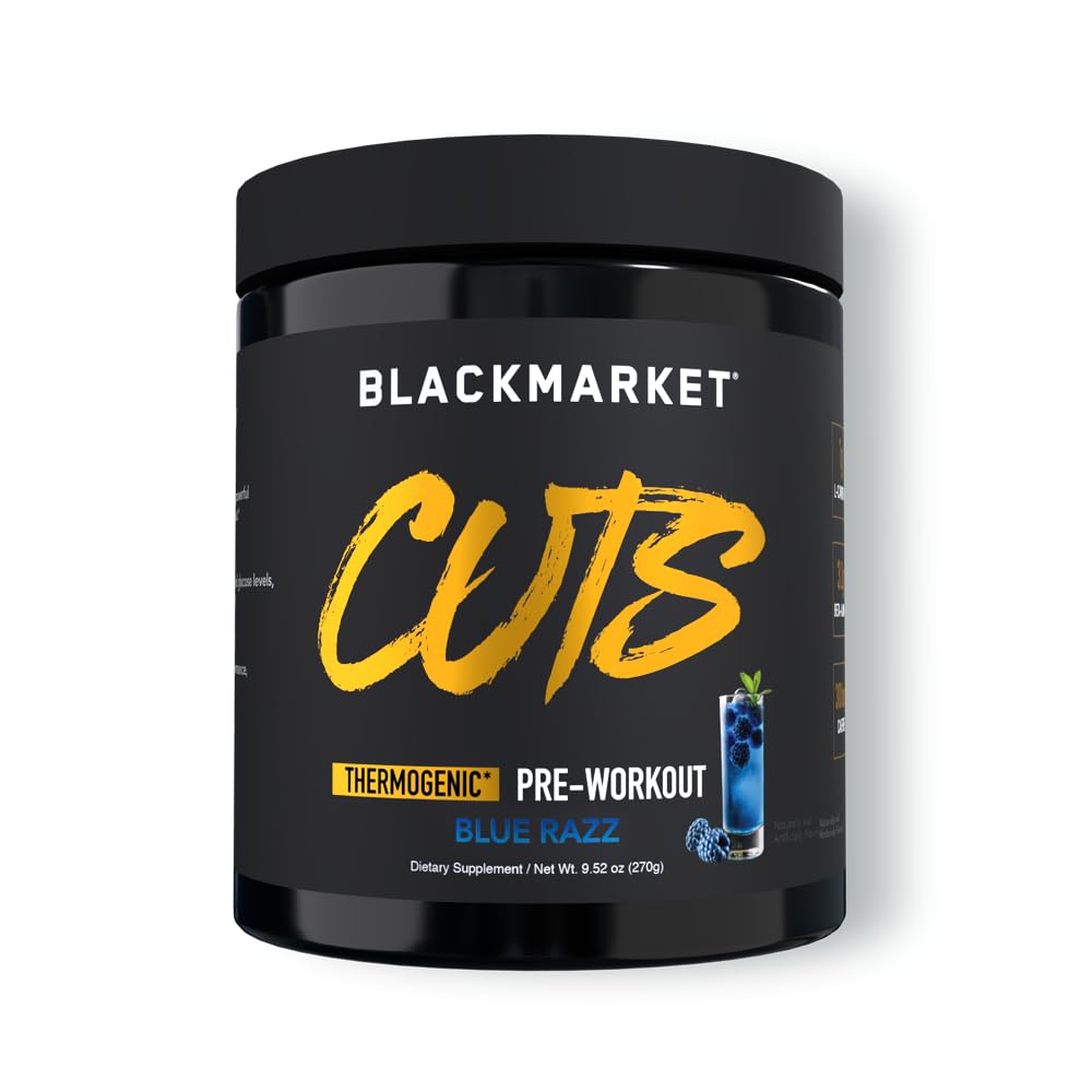 BLACKMARKET CUTS Blue Razz bottle shows energy-boosting pre-workout use.