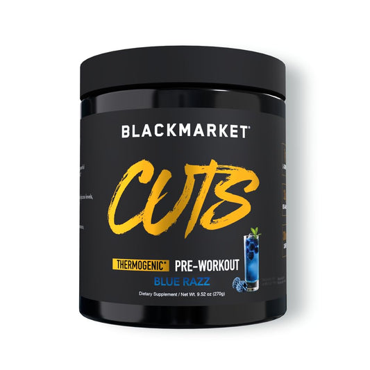 BLACKMARKET CUTS Blue Razz bottle shows energy-boosting pre-workout use.
