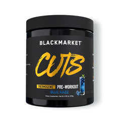 BLACKMARKET CUTS Blue Razz bottle shows energy-boosting pre-workout use.