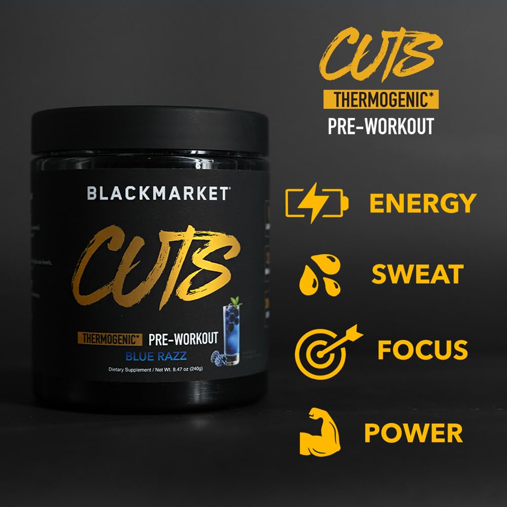 BLACKMARKET CUTS 30-serving container in gym setting suggests sustained energy.