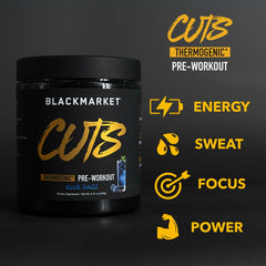 BLACKMARKET CUTS 30-serving container in gym setting suggests sustained energy.
