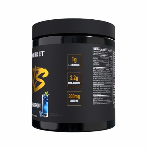BLACKMARKET CUTS Blue Razz tub close-up emphasizes high-caffeine performance formula.