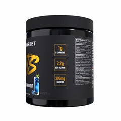 BLACKMARKET CUTS Blue Razz tub close-up emphasizes high-caffeine performance formula.