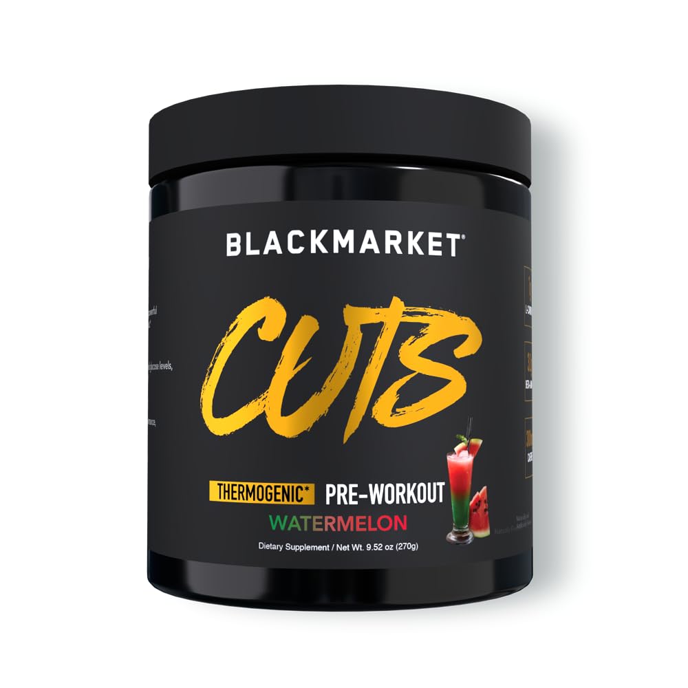 BLACKMARKET CUTS Watermelon powder tub front for pre-workout energy