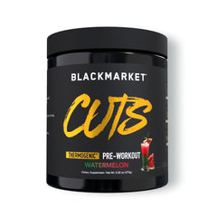 BLACKMARKET CUTS Watermelon powder tub front for pre-workout energy