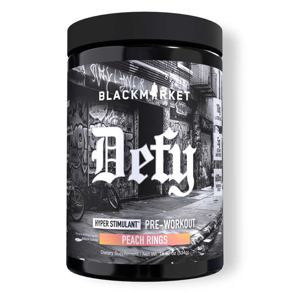 BLACKMARKET DEFY canister in Peach Rings flavor for intense training energy.