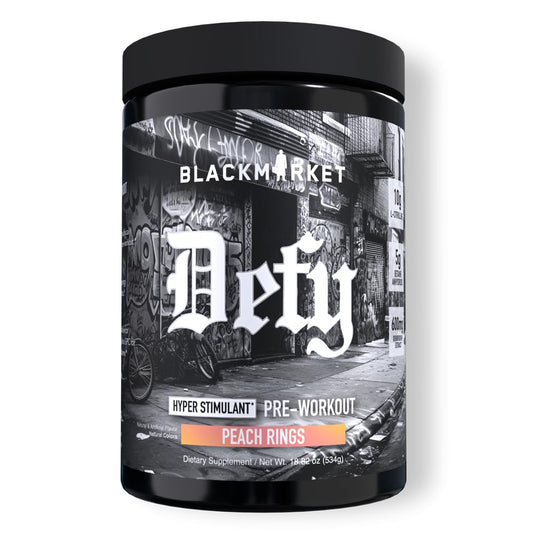 BLACKMARKET DEFY canister in Peach Rings flavor for intense training energy.
