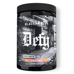 BLACKMARKET DEFY canister in Peach Rings flavor for intense training energy.