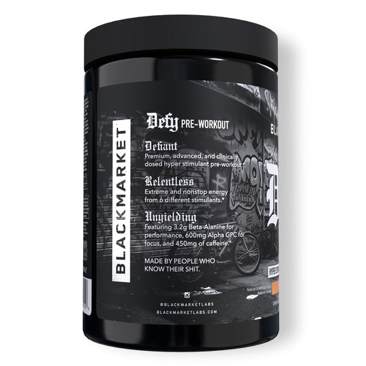 Scoop of DEFY powder shown for precise serving sizes during workouts.