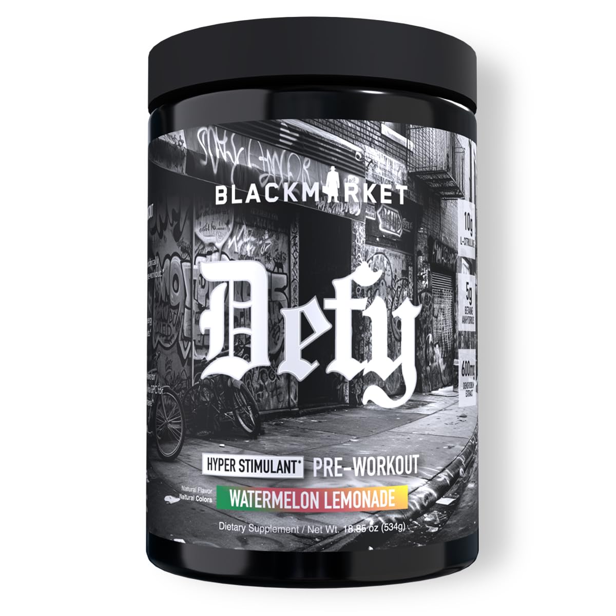 BLACKMARKET DEFY watermelon-lemonade label closeup for high-stim energy.