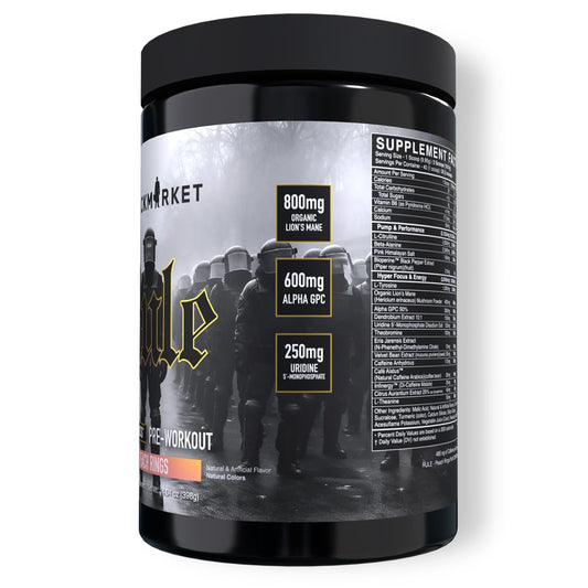 BLACKMARKET Rule bottle front for easy dose access during intense workouts.