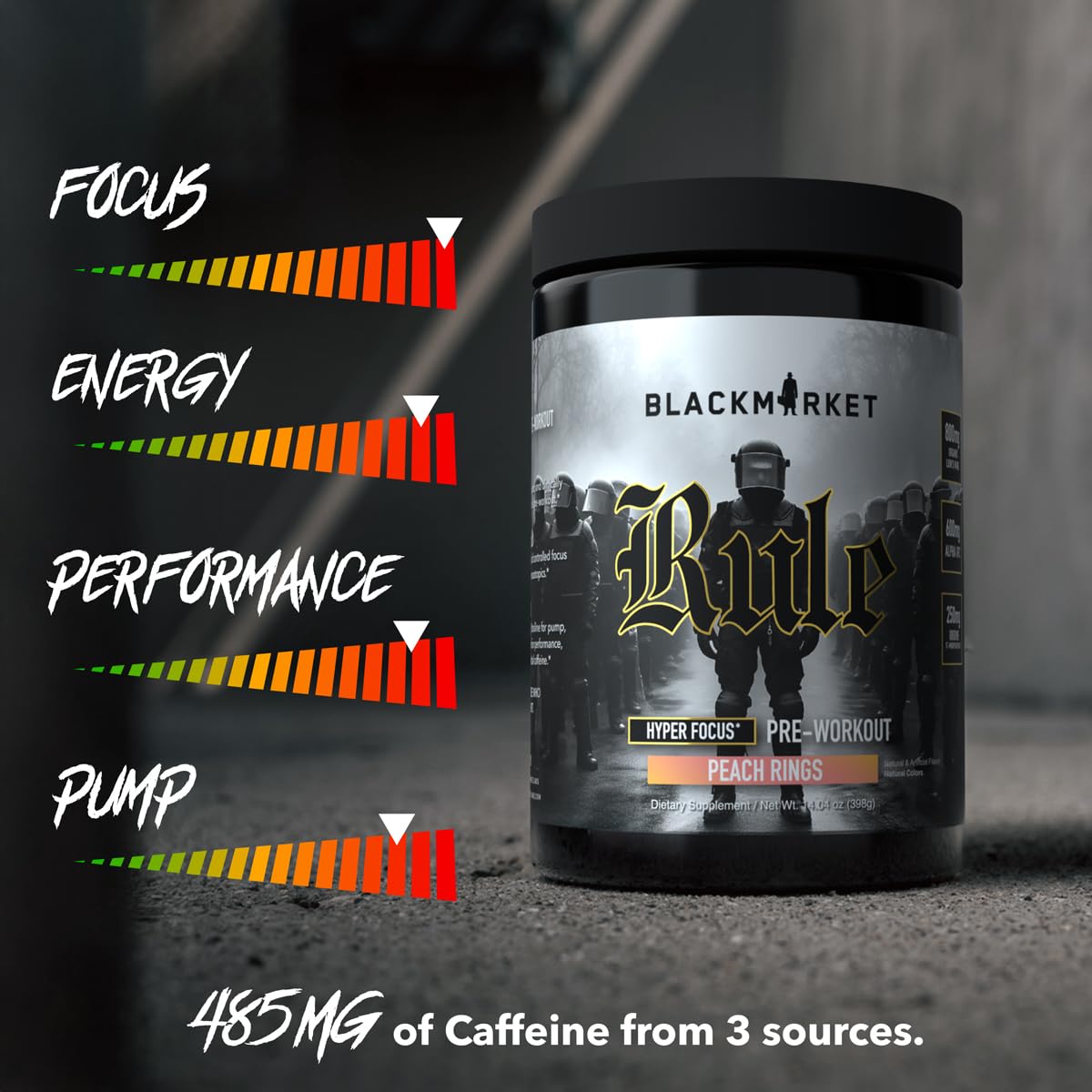 BLACKMARKET Rule ingredients panel highlights caffeine and focus compounds.