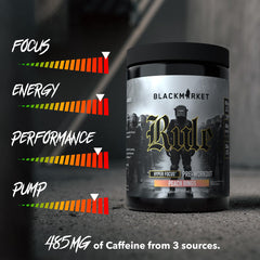 BLACKMARKET Rule ingredients panel highlights caffeine and focus compounds.