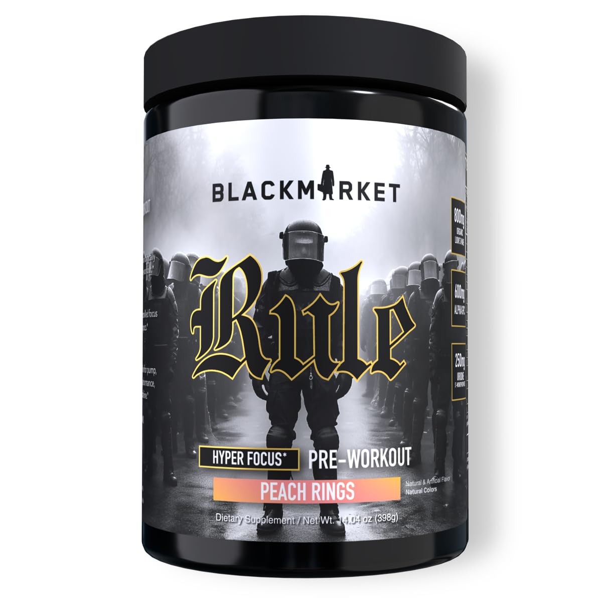 BLACKMARKET Rule Peach Rings bottle showcases crave-worthy flavor and elevated energy.