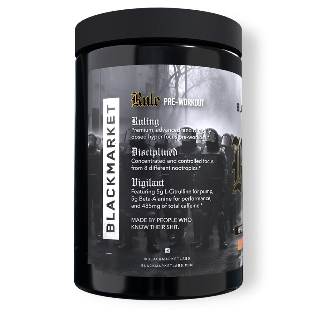 BLACKMARKET Rule scoop with powder ready to mix pre-workout.